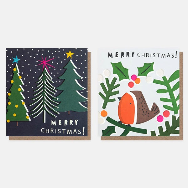 Merry Christmas Snowy Trees And Robin In Wreath Charity Pack Of 8 Card ...