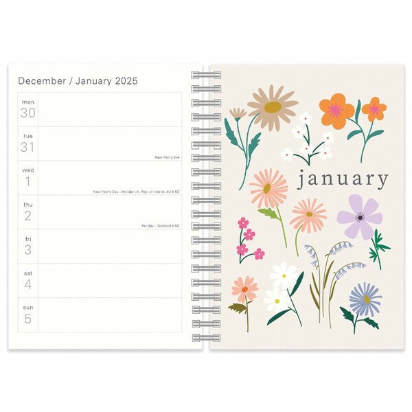 2025 A5 Day-to-a-Page Diary/Planner – Floral Print Softcover PU, Gold Embossed