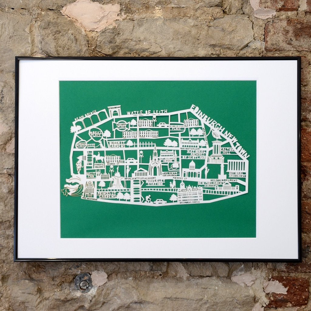 Lasercut A4 Edinburgh New Town Map - White on Green