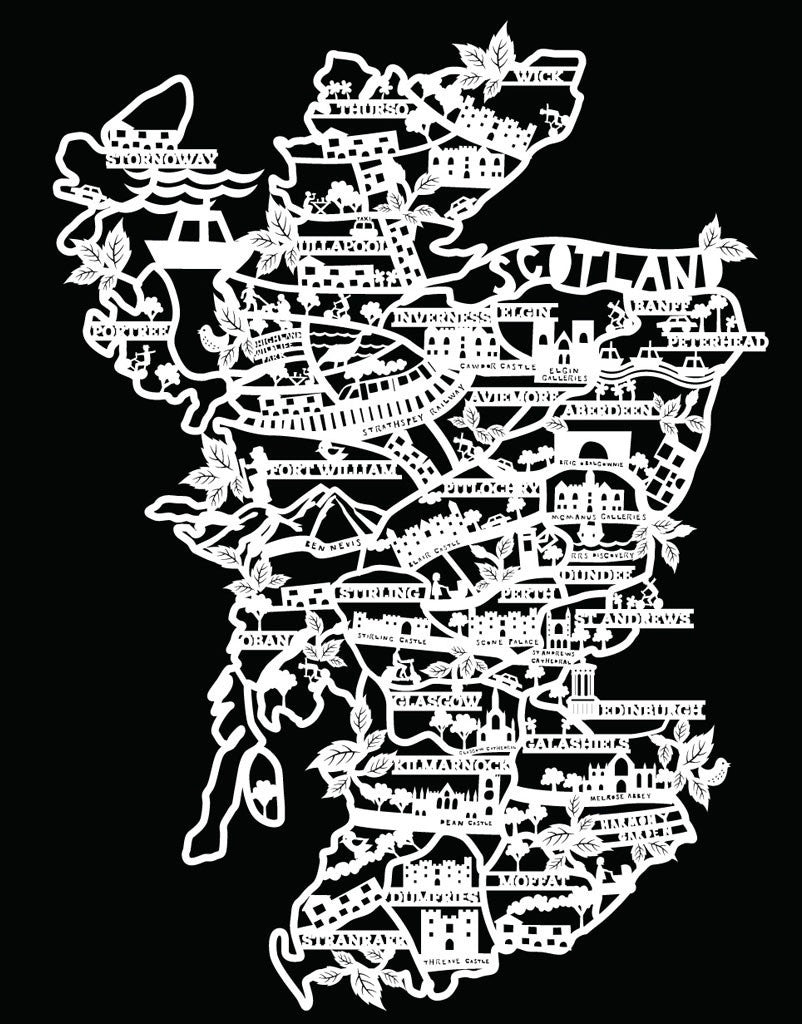 Lasercut A4 Scotland - White On Black
