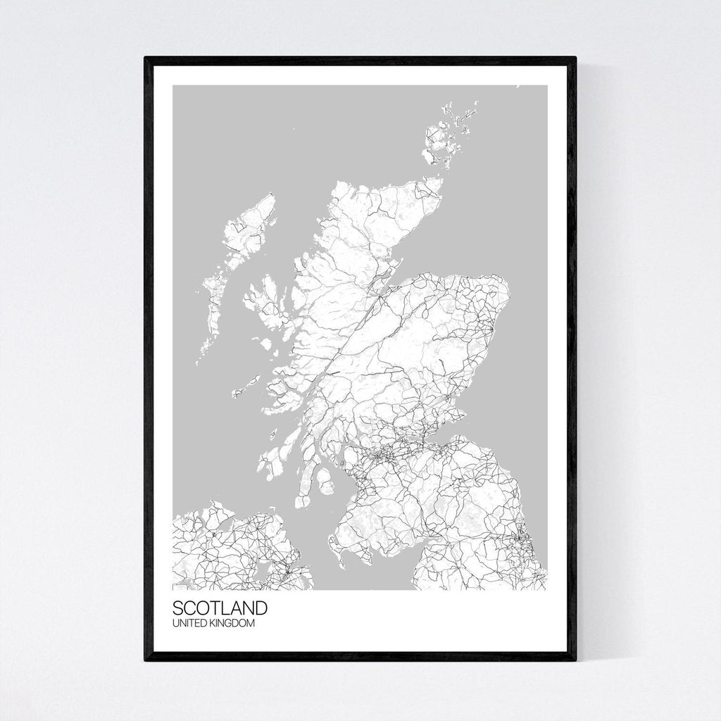 Scotland A3 White, Grey and Black Map Print in Tube