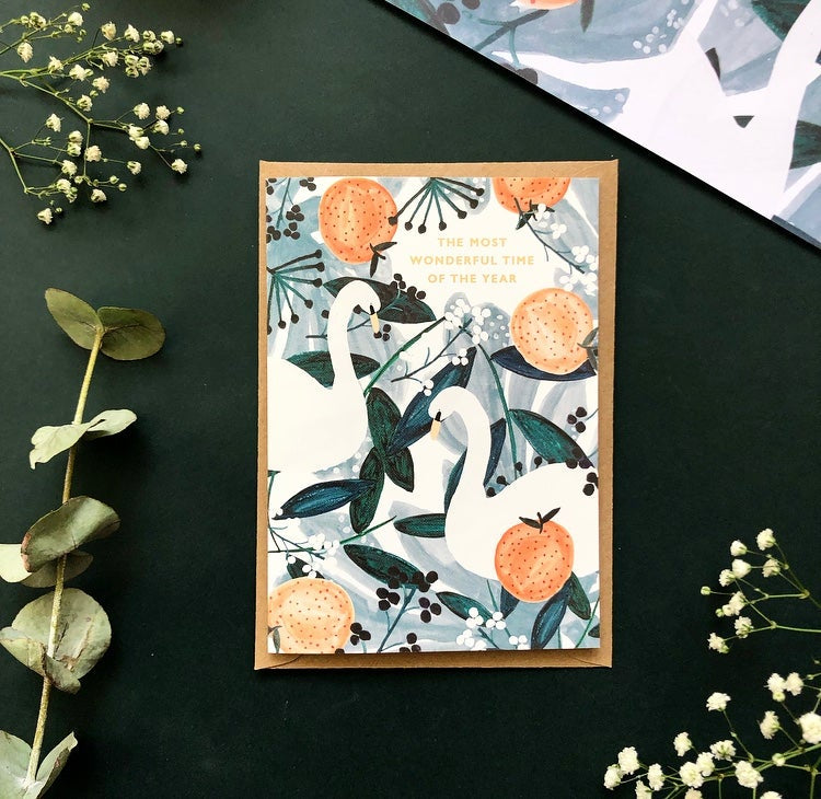 Most Wonderful Time of the Year Foiled Swans Card