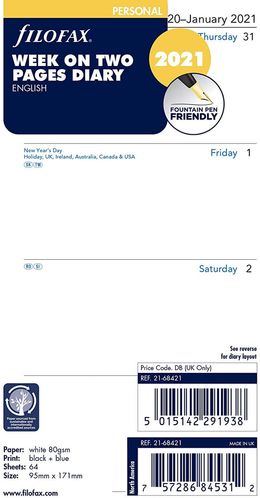 Filofax 2021 Personal Week to View Refill