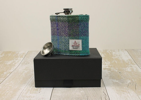 Turquoise & Purple Check Boxed Hip Flask
