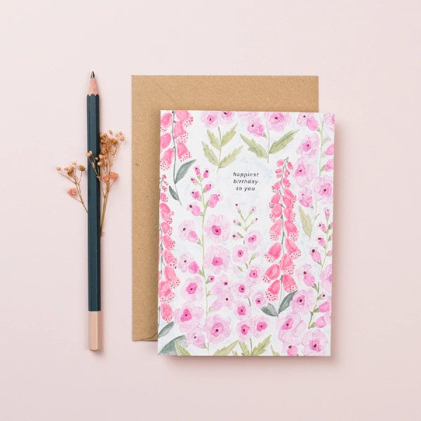 Pink Foxgloves Happiest Birthday Card