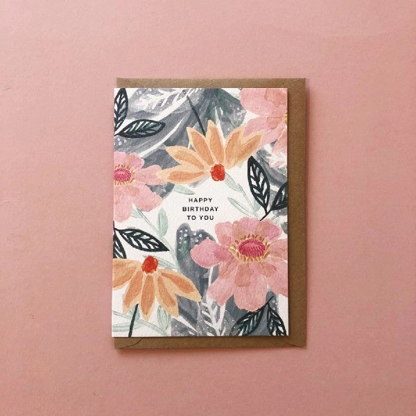 Pink and Orange Florals Birthday Card