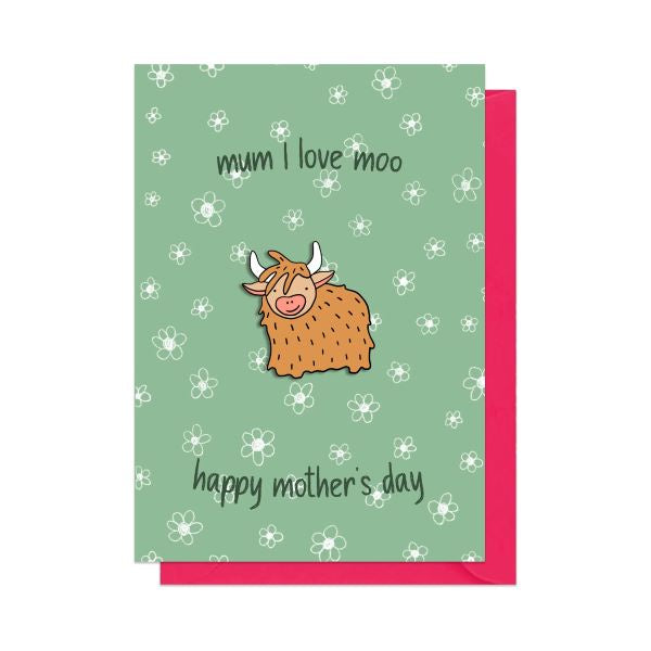 Highland Cow Pin Badge Mother's Day Card