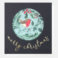 Happy Christmas Cut Out Robin In Foliage Card