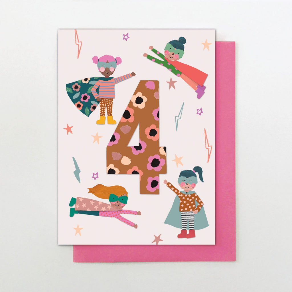 Age 4 Pink Superheroes Card