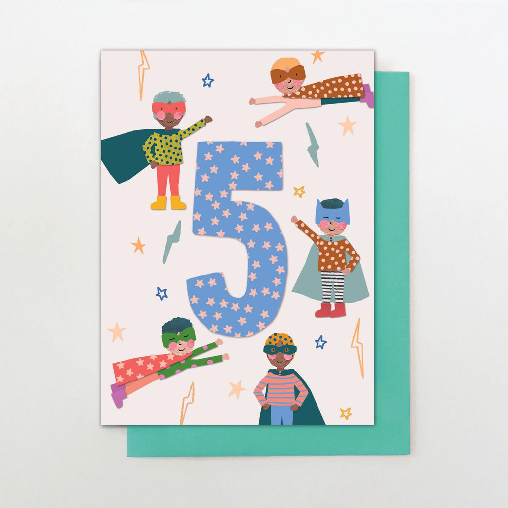 Age 5 Blue Superheroes Card