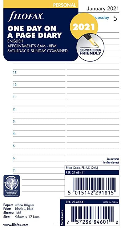 Filofax 2021 Personal One Day Per Page  Refill