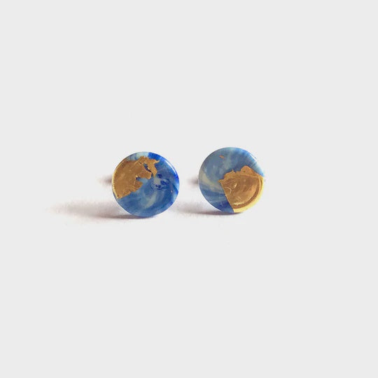 Delft Marble Glass and Gold Button Earrings