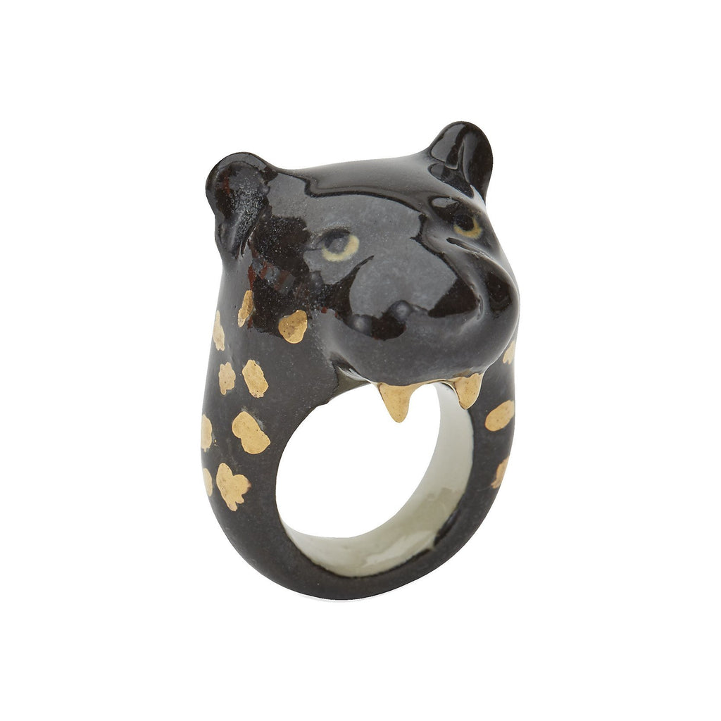 Hand Painted Porcelain Black and Gold Roaring Panther Ring S/M