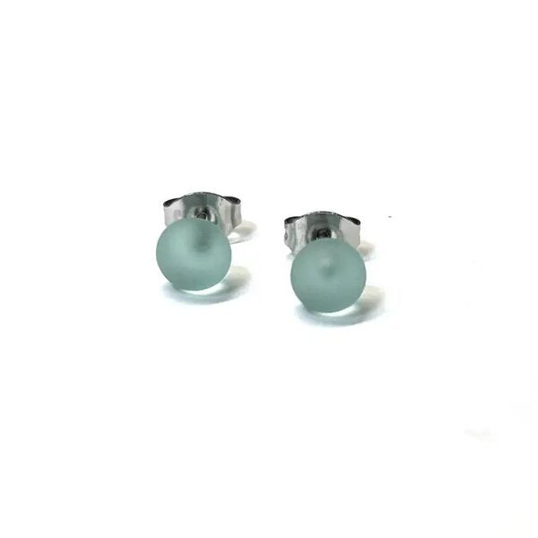 Frosted Antique Green Glass Mini Stud Earrings