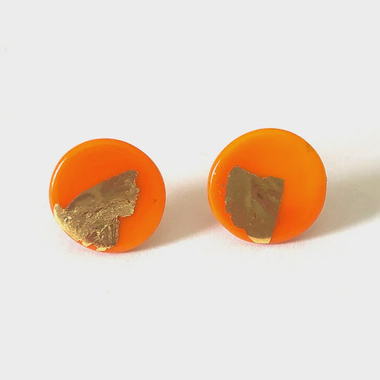 Gold Orange Glass Button Earrings
