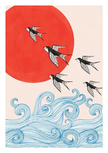 Swallows and Red Sun Card