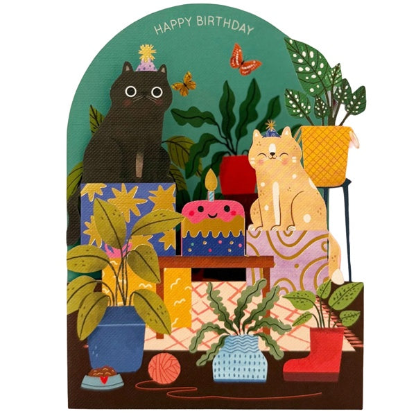 Happy Birthday Cat Party Paper Cut Card