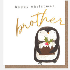 Happy Christmas Brother Penguin With Pudding Card