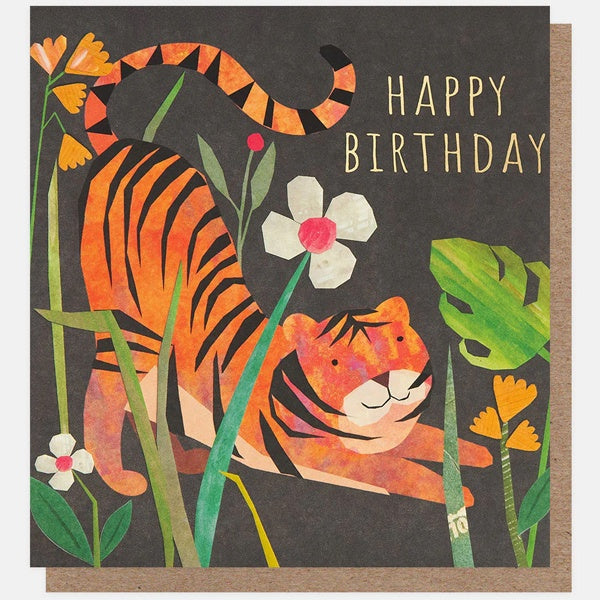 Collage Tiger With Tropical Plants Birthday Card