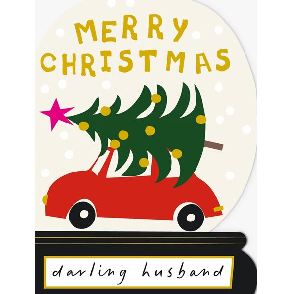 Merry Christmas Darling Husband Snowglobe Car with Tree Die Cut Christmas Card