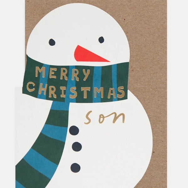 Merry Christmas Son Snowman Stripey Scarf Die Cut Card