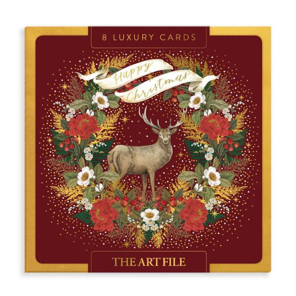 Stag & Wreath Burgundy Luxury Christmas Card Box