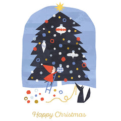 Elf Decorating Tree Christmas Card