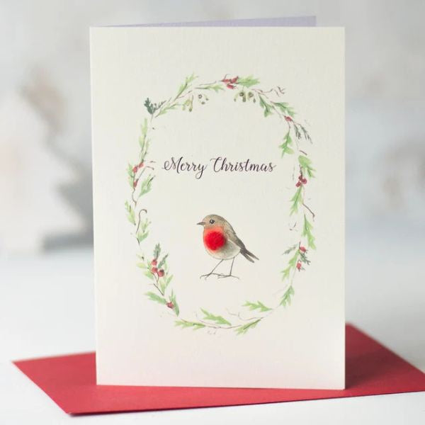 Robin and Floral Wreath Christmas Card