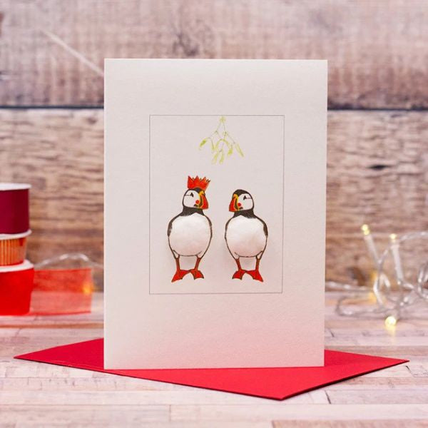 Puffins Under The Mistletoe Christmas Card