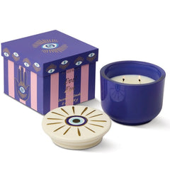 Charmed Blue Glass Candle with Evil Eye Ceramic Lid Incense Smoke