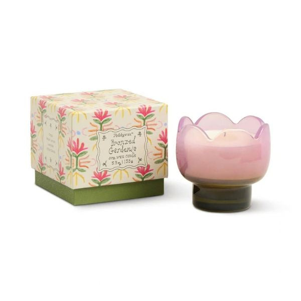 Tulip Purple and Green Glass Candle Bronzed Gardenia