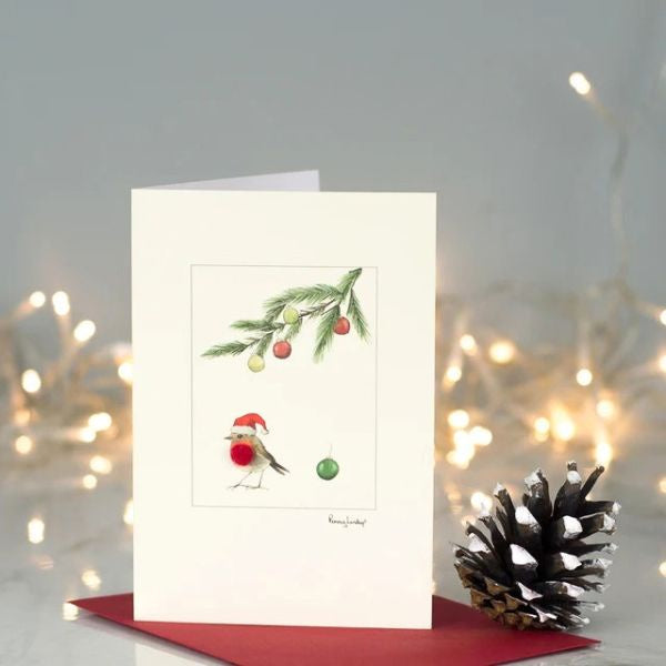 Robin Under Pine Sprig Christmas Card