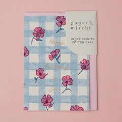 Gingham Pink Sorbet Happy Birthday Block Printed Greeting Card