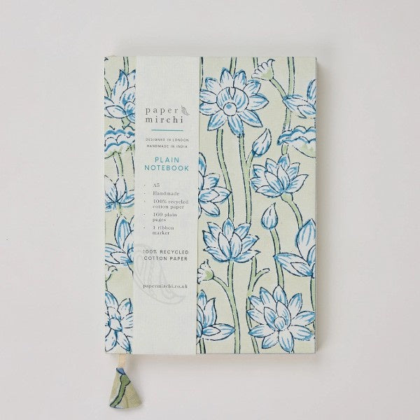 Block Printed Blank A5 Notebook - Lotus Indigo