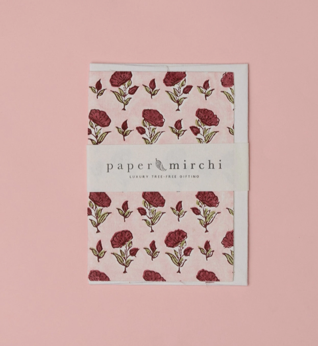 Ditsy Floral Scarlet Block Printed Greeting Card