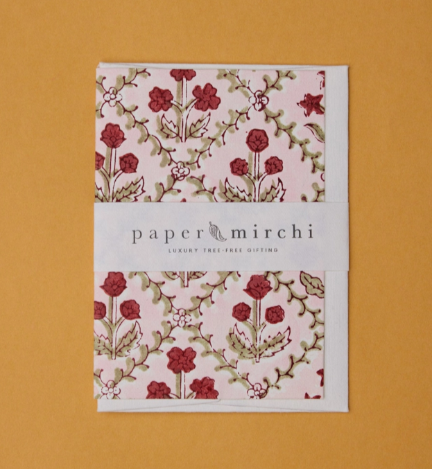 Floral Lattice Winter Red Block Printed Greeting Card