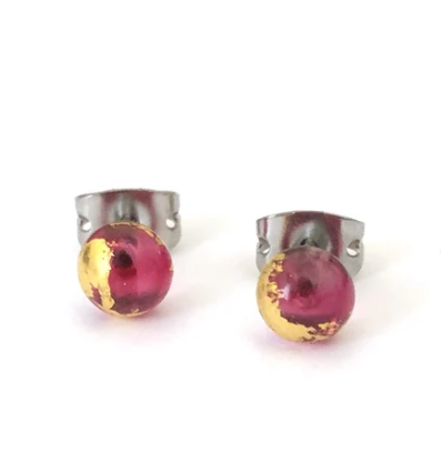 Cranberry Pink and Gold Handmade Glass Stud Earring