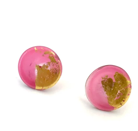 Gold Cranberry Glass Button Earrings