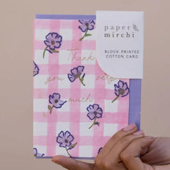 Thank You So Much Gingham Violet Meringue Block Printed Greeting Card