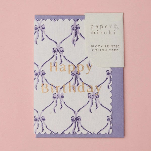 Bows Violet Meringue Happy Birthday Block Printed Greeting Card