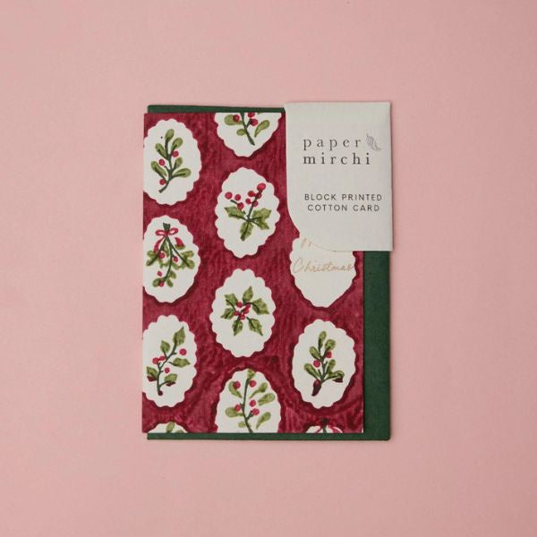 Scarlet Red Scallop Tiles Block Printed Greeting Card