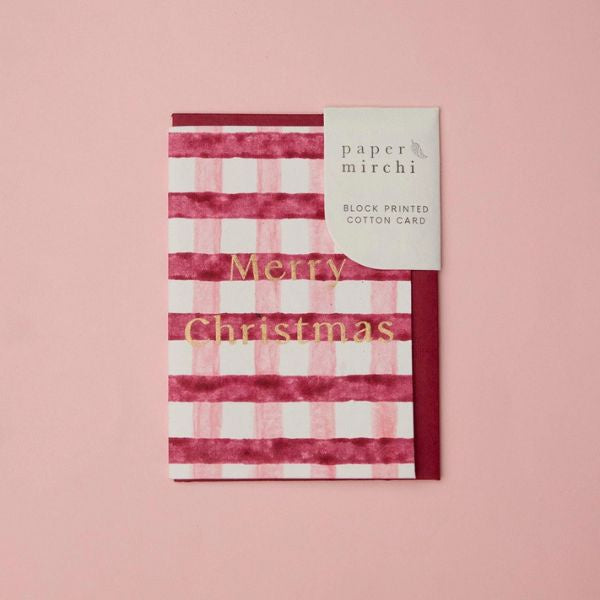 Gingham Christmas Block Printed Greeting Card