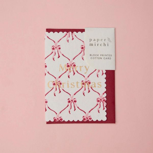 Bows Christmas Pudding Block Printed Greeting Card