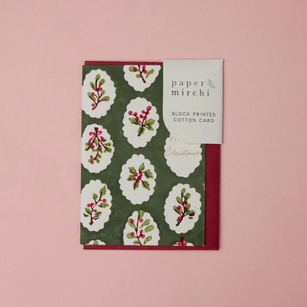 Holly Green Scallop Tiles Block Printed Greeting Card