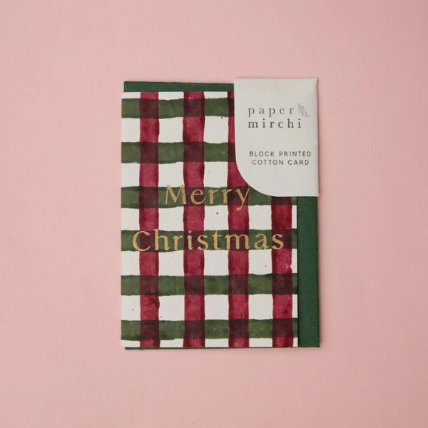 Gingham Holly Green Christmas Block Printed Greeting Card