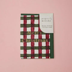 Gingham Holly Green Christmas Block Printed Greeting Card