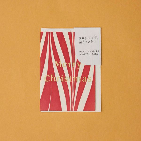 Candy Stripes Red Christmas Hand Marbled Greeting Card