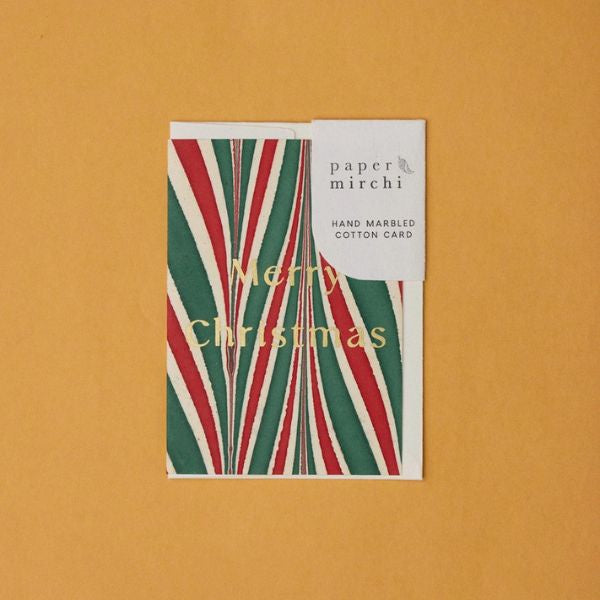 Candy Stripes Jolly Christmas Hand Marbled Greeting Card