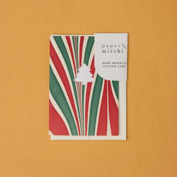 Candy Stripes Jolly Christmas Die Cut Tree Hand Marbled Greeting Card