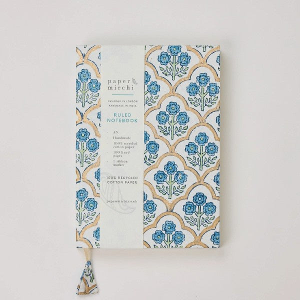 Block Printed Ruled A5 Notebook - Trellis Indigo